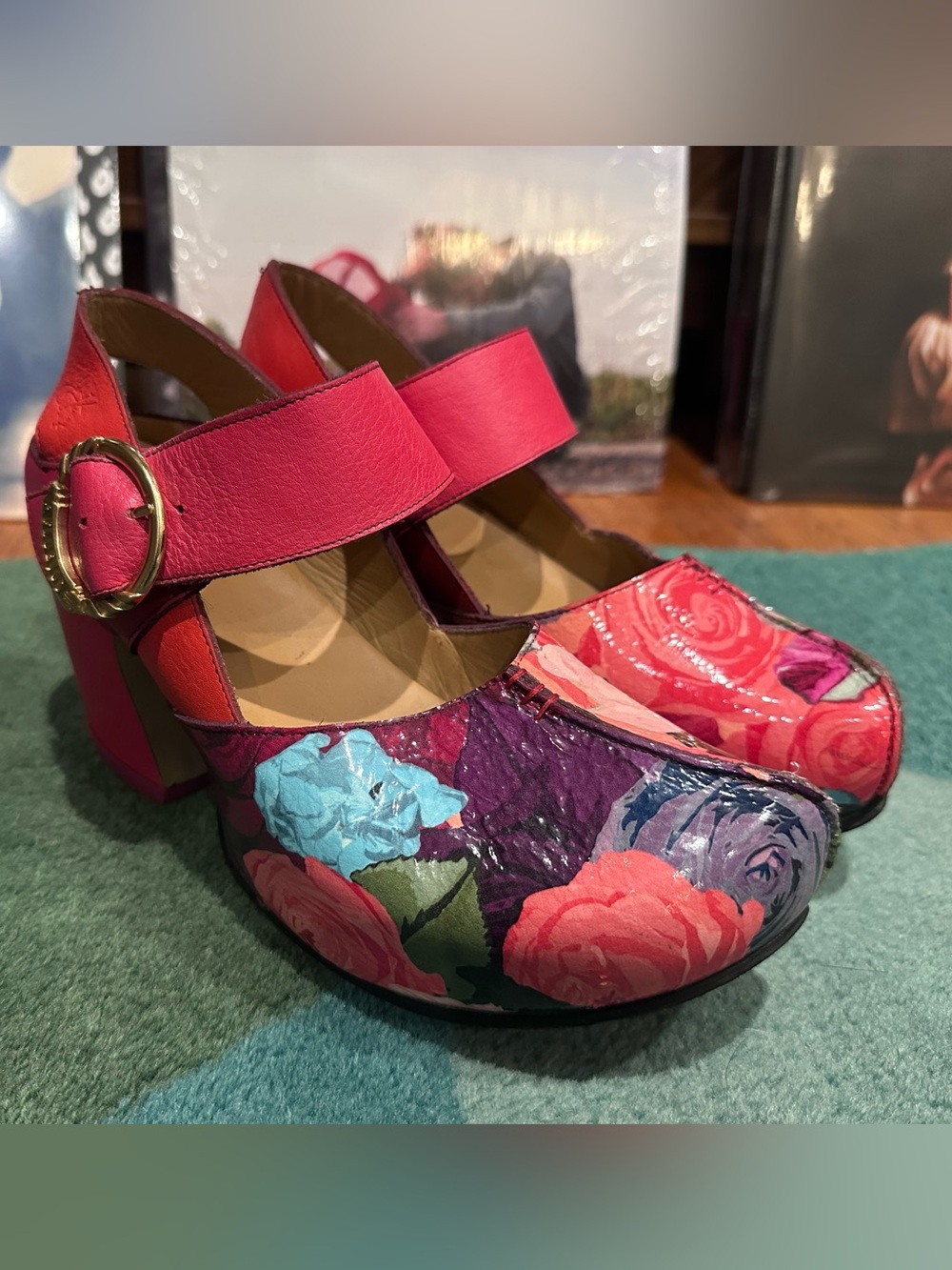 Fluevog NEARLY NEW Prepare Guide pink/floral patent platform heel-9 (fits 8.5)